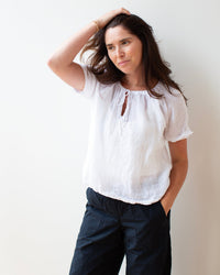 LLEA BLUE Nonda Peasant Shirt in White Linen 1 - Bliss Boutiques