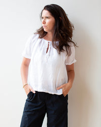 LLEA BLUE Nonda Peasant Shirt in White Linen 2 - Bliss Boutiques