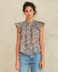 MABE Cass Print Frill Top in Indigo/Rust 1 - Bliss Boutiques