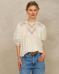 MABE Fleur Emb S/S Top in Ecru/Multi 1 - Bliss Boutiques