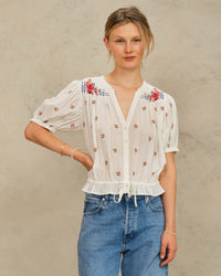 MABE Harlie Emb S/S Top in Ecru/Multi 1 - Bliss Boutiques