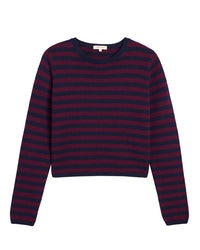 The Demylee Melina Stripe Cotton Cashmere Sweater in Navy/Aubergine features long sleeves, horizontal stripes, a round neckline, and ribbed cuffs and hem.