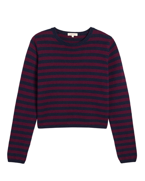 The Demylee Melina Stripe Cotton Cashmere Sweater in Navy/Aubergine features long sleeves, horizontal stripes, a round neckline, and ribbed cuffs and hem.
