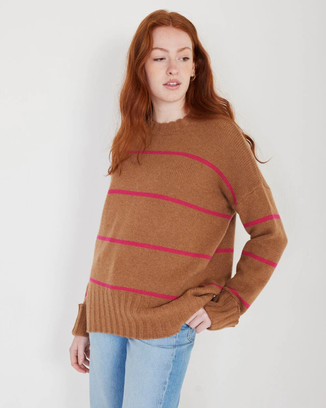 Mila Cashmere Crewneck Sweater in Toffee & Winter Pink Stripe
