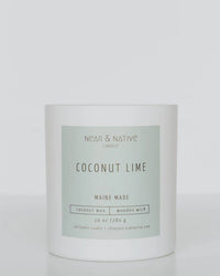 The Near & Native Coconut Lime Candle features a green label, 10 oz of natural coconut soy wax, and a wooden wick. "Maine Made," it's phthalate and paraben-free for purity.
