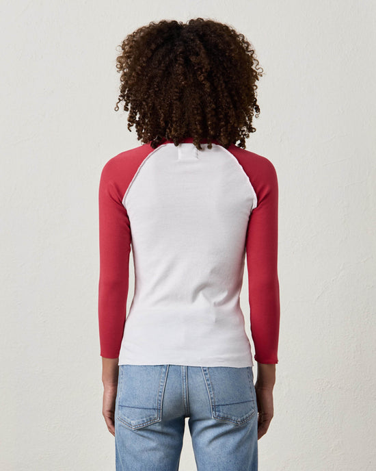 NSF Aria Fitted Baby Rib Raglan Tee in White/Crimson 