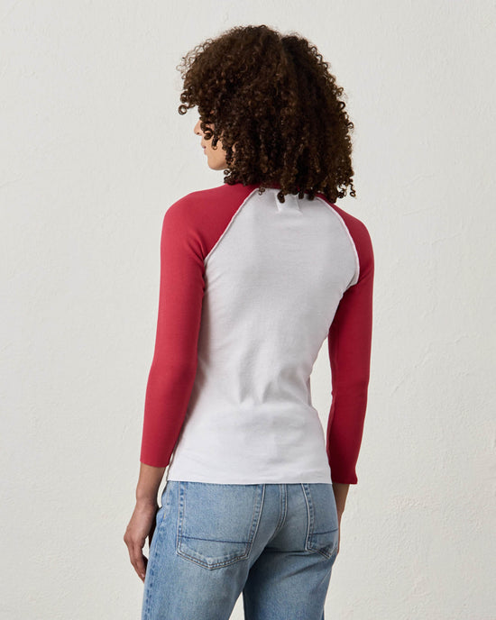 NSF Aria Fitted Baby Rib Raglan Tee in White/Crimson 