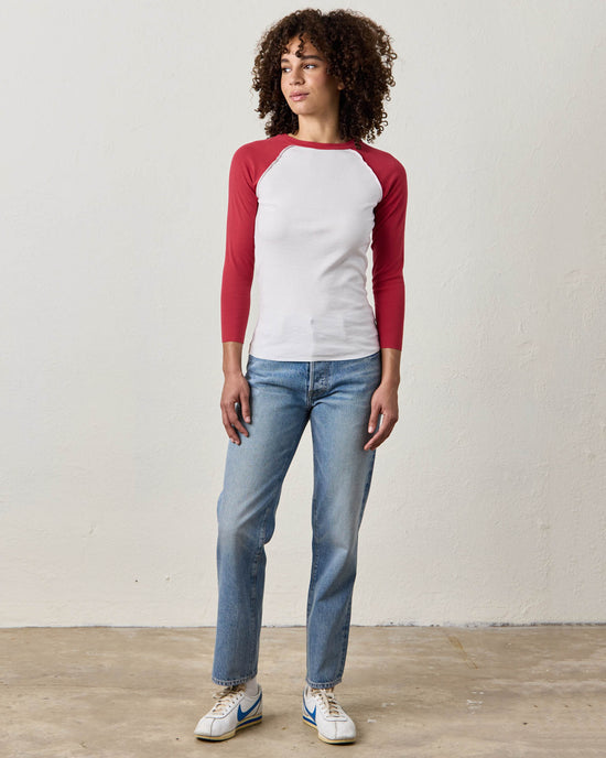 NSF Aria Fitted Baby Rib Raglan Tee in White/Crimson 