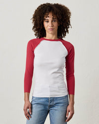 NSF Aria Fitted Baby Rib Raglan Tee in White/Crimson 