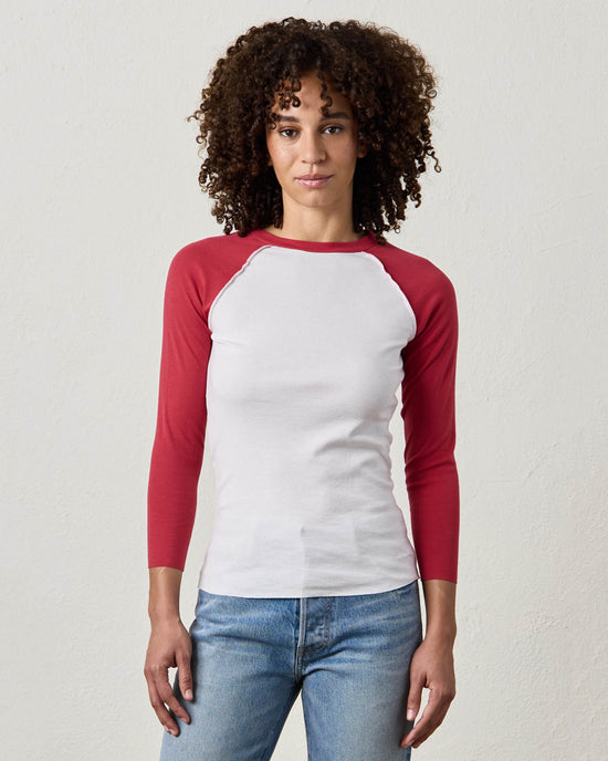 NSF Aria Fitted Baby Rib Raglan Tee in White/Crimson 
