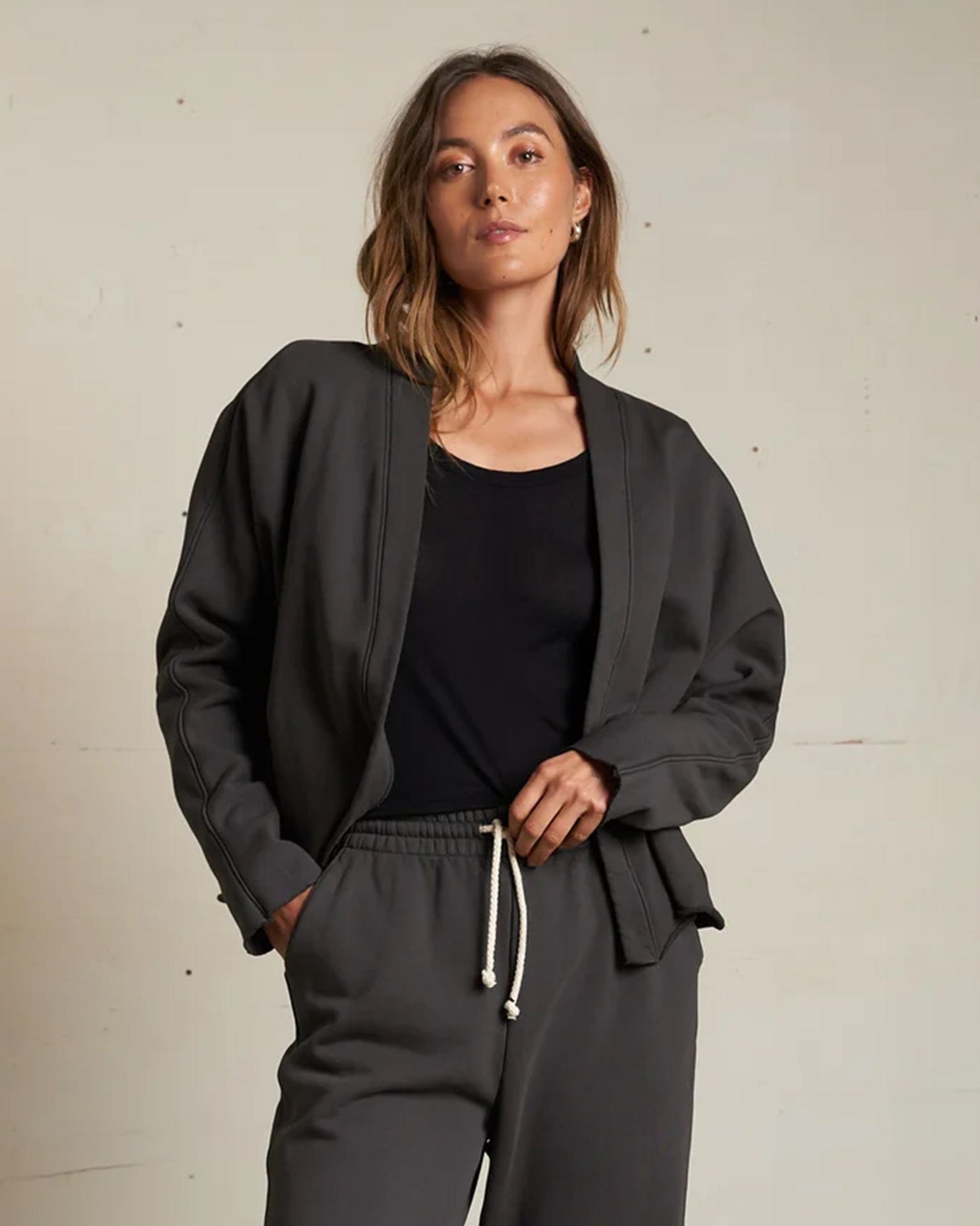 perfectwhitetee Clothing Olivia Fleece Short Cardigan in Vintage Black