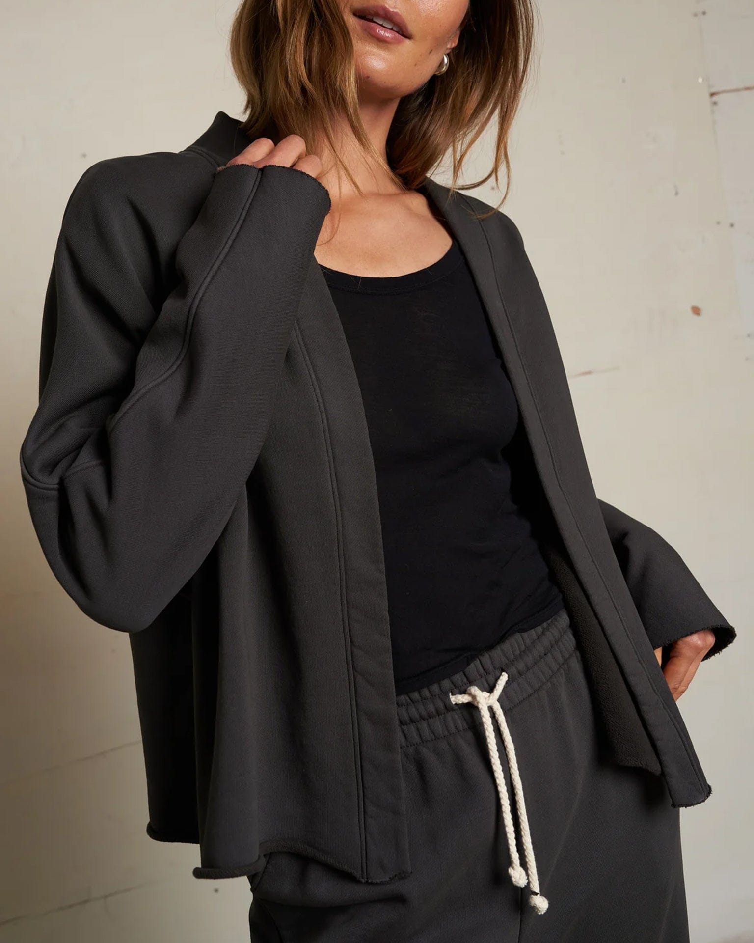 perfectwhitetee Clothing Olivia Fleece Short Cardigan in Vintage Black