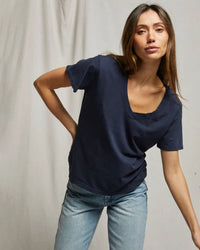 perfectwhitetee Hendrix - Cotton Short Sleeve Boxy V Neck Tee in Navy 2 - Bliss Boutiques
