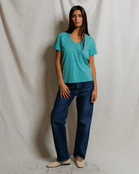 perfectwhitetee Hendrix - Cotton Short Sleeve Boxy V Neck Tee in Teal Blue 2 - Bliss Boutiques