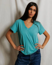 perfectwhitetee Hendrix - Cotton Short Sleeve Boxy V Neck Tee in Teal Blue 1 - Bliss Boutiques