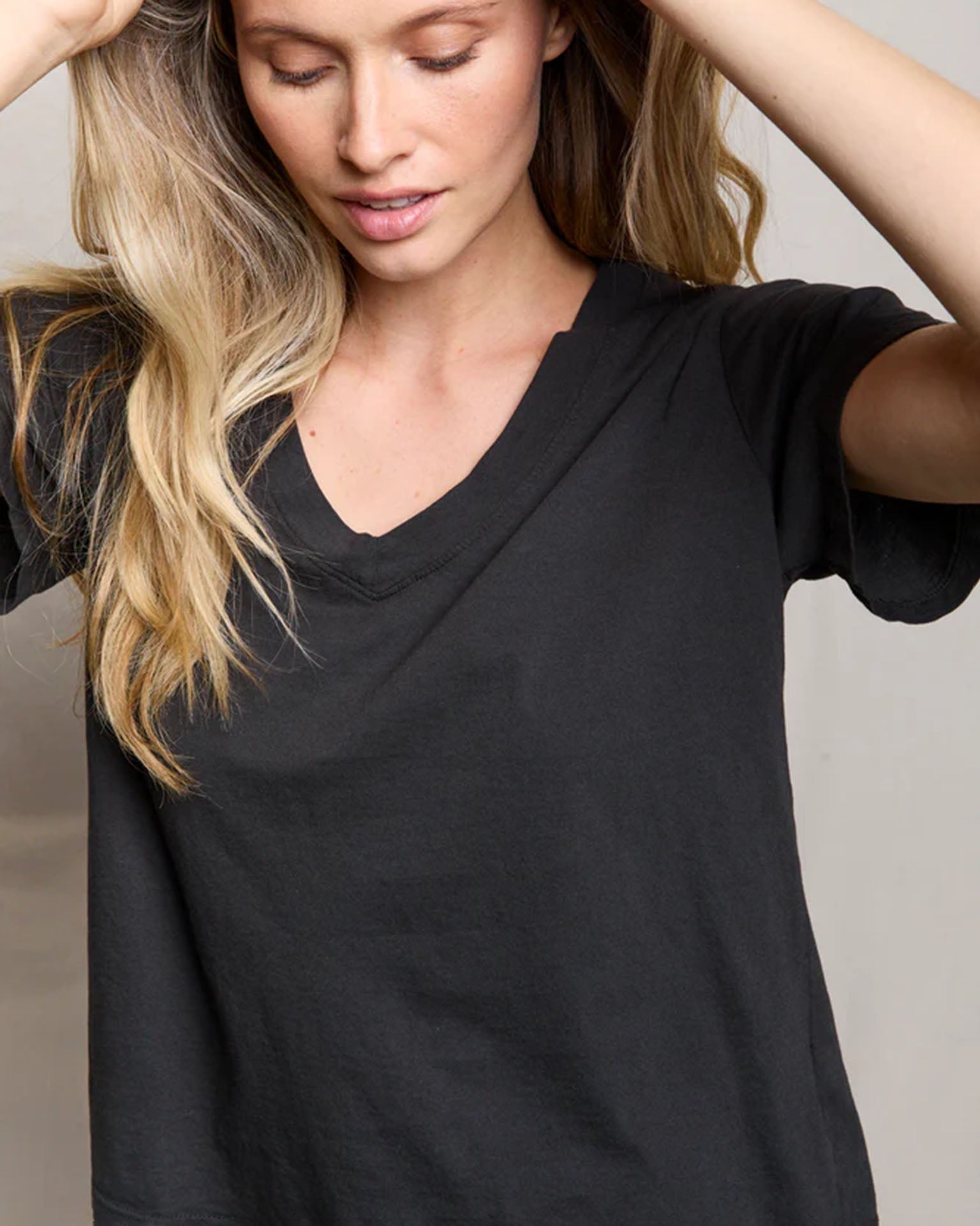 perfectwhitetee Hendrix - Cotton Short Sleeve Boxy V Neck Tee in Vintage Black 1 - Bliss Boutiques