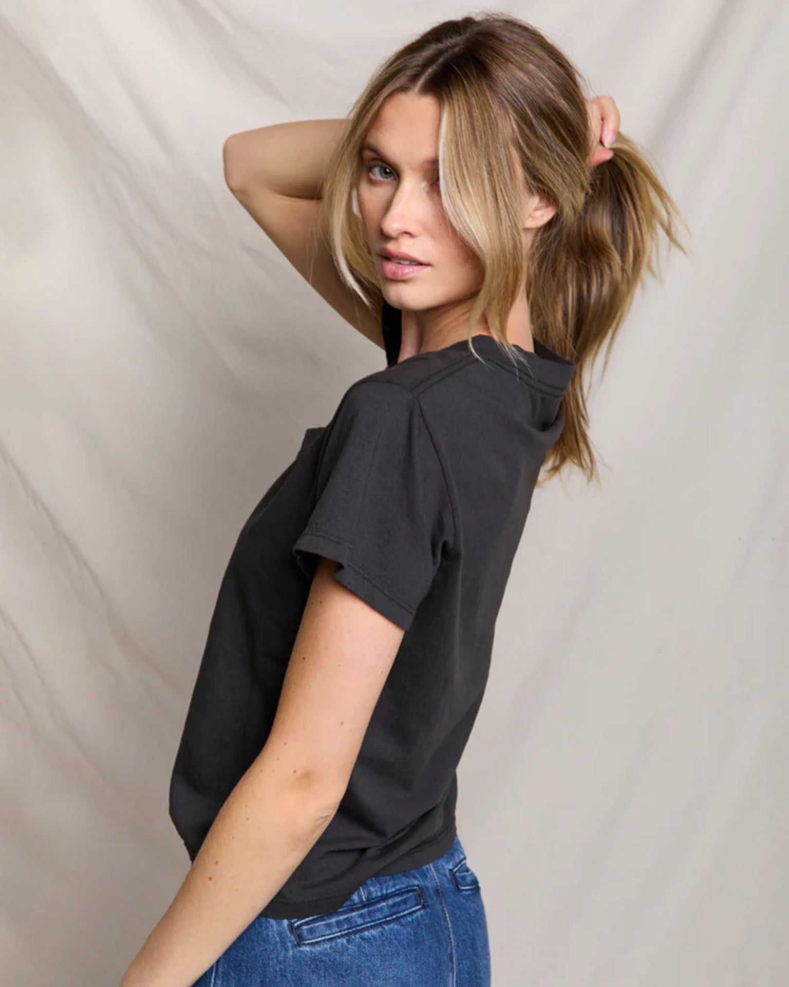 perfectwhitetee Hendrix - Cotton Short Sleeve Boxy V Neck Tee in Vintage Black 4 - Bliss Boutiques