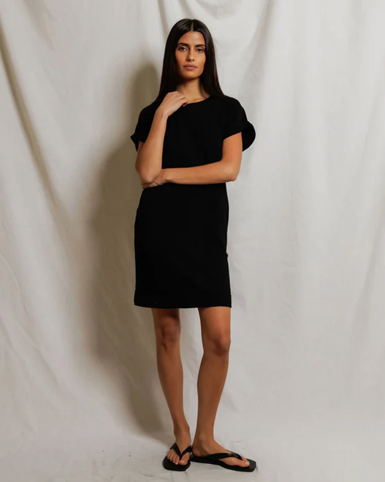 Laurie - Japanese Jersey Short Sleeve Dress in True Black