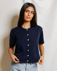 perfectwhitetee Maude - Cotton Short Sleeve Cardigan in Navy 4 - Bliss Boutiques