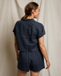 perfectwhitetee Tabitha - Linen 1/4 Button Down Collared Tee in Navy 5 - Bliss Boutiques