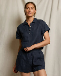 perfectwhitetee Tabitha - Linen 1/4 Button Down Collared Tee in Navy 1 - Bliss Boutiques