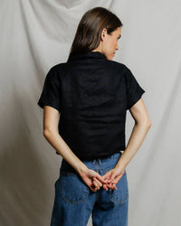 perfectwhitetee Tabitha - Linen 1/4 Button Down Collared Tee in True Black 5 - Bliss Boutiques