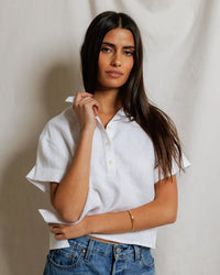perfectwhitetee Tabitha - Linen 1/4 Button Down Collared Tee in White 3 - Bliss Boutiques