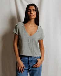 perfectwhitetee Val - Stripe Hemp Milk Cotton V Neck Tee in Natural/ Black Stripe 3 - Bliss Boutiques
