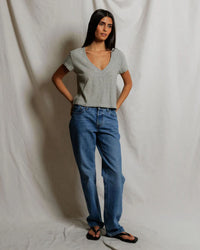 perfectwhitetee Val - Stripe Hemp Milk Cotton V Neck Tee in Natural/ Black Stripe 2 - Bliss Boutiques