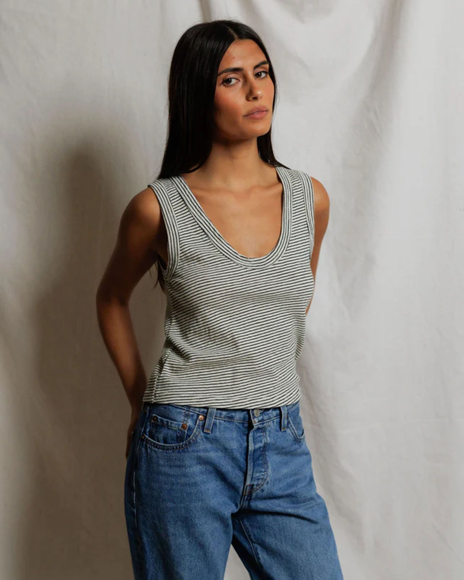 Vicky - Stripe Hemp Milk Cotton Tank in Natural/ Black Stripe