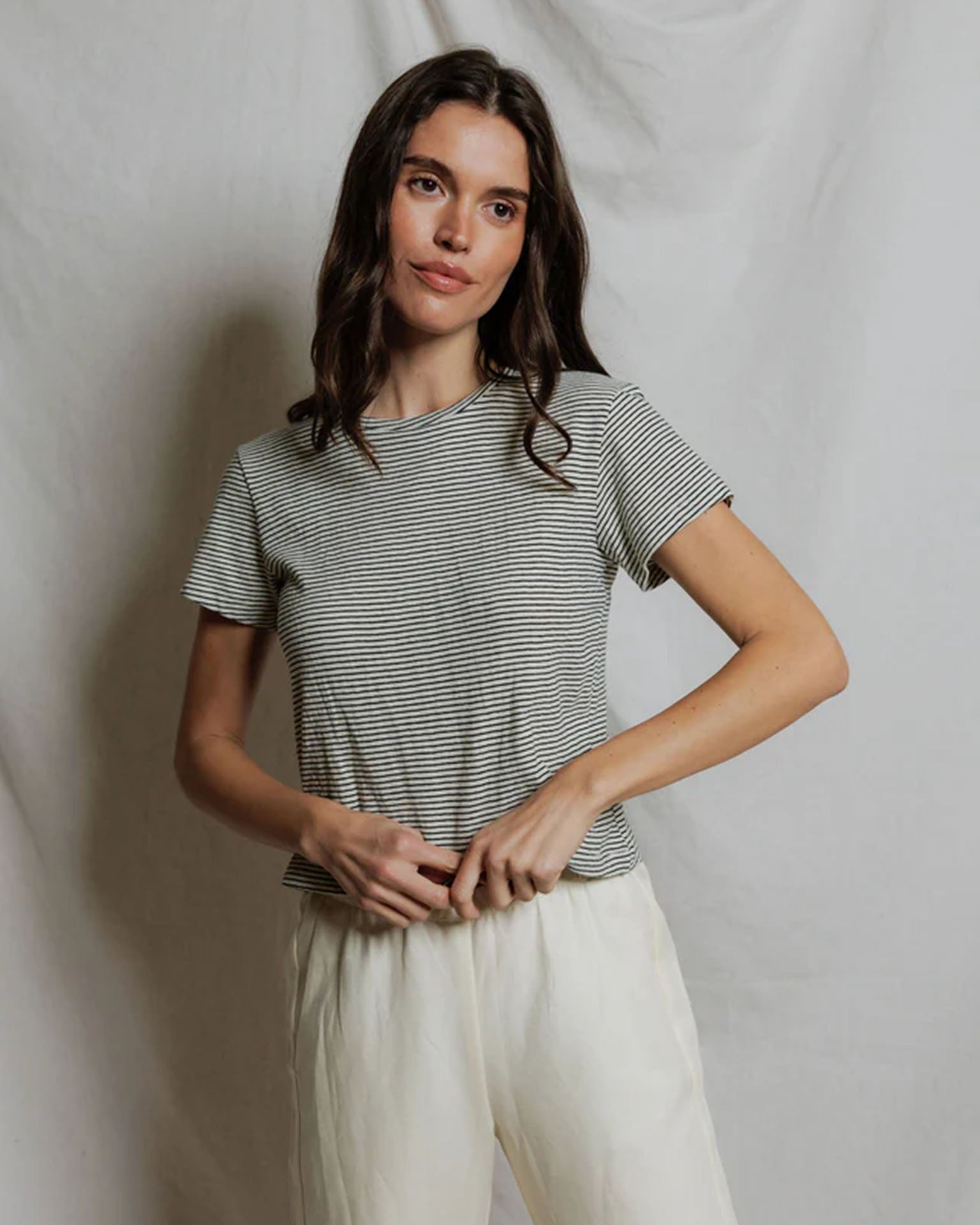 Vivian - Stripe Hemp Milk Cotton Tee in Natural/Black Stripe