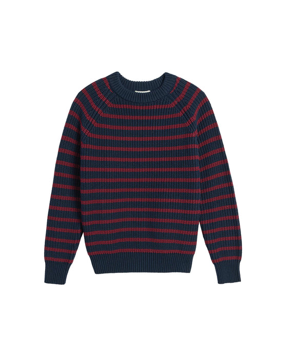 The Demylee Phoebe Stripe Cotton Sweater in Navy/Burgundy, featuring a crewneck and ribbed cuffs and hem, is displayed on a plain white background.