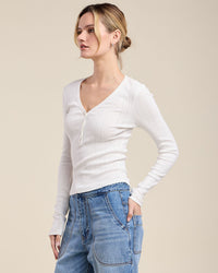 Janice L/S V Neck Placket Top in White