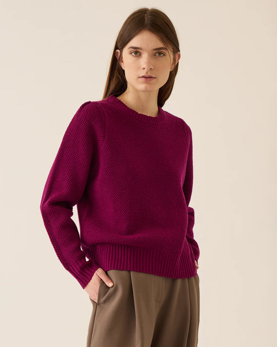 A woman with long brown hair wears a Demylee Selly Seed Stitch Merino Wool Sweater in Radish and high-waisted brown trousers, standing against a plain, light background. She faces the camera with a neutral expression.