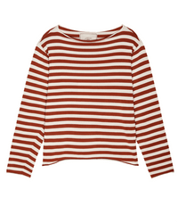 The Sailor Sweater in Maple Stripe by the Great features long sleeves and classic horizontal white and rust-red stripes, channeling a timeless sailor style, shown on a plain white background.