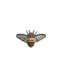 The Trovelore Dazzling Bee Brooch Pin is handmade in India with intricate hand embroidery in gold, bronze, brown, and green tones, shown against a plain white background.