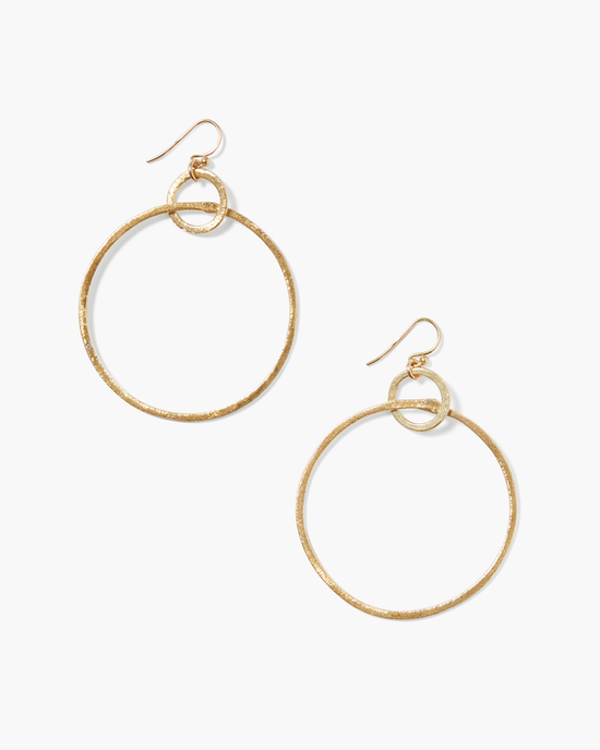 Pair of Rhiannon Hoop Earrings in Yellow Gold by Chan Luu featuring a smaller loop within a larger textured hoop, isolated on a white background.