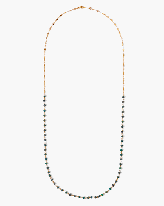 Chan Luu CL NG-14732 Necklace in Emerald with alternating emerald and black beads laid out in a straight line on a white background.