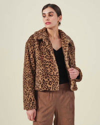 Velvet by Graham & Spencer Emma Long Sleeve Cropped Faux Fur Jacket in Light Leopard 1 - Bliss Boutiques