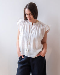 Velvet by Graham & Spencer Janey Ruffle Short Sleeve Button Top in Chalk 1 - Bliss Boutiques