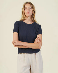 Velvet by Graham & Spencer Marika Short Sleeve Crew Neck Crop Top in Navy 1 - Bliss Boutiques