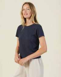 Velvet by Graham & Spencer Marika Short Sleeve Crew Neck Crop Top in Navy 2 - Bliss Boutiques