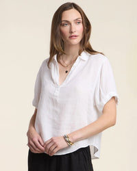 Velvet by Graham & Spencer Vivica Short Sleeve Henley Top In White 1 - Bliss Boutiques