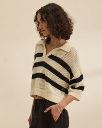 Velvet by Graham & Spencer York S/S Polo Top in Cream/Black 