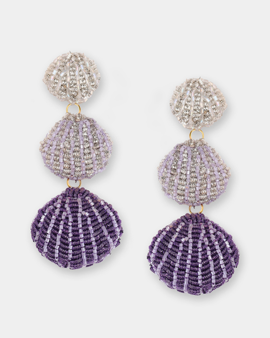 A pair of hand-made, ornate shell-shaped Venus Earrings in Purple with purple and silver beading, featuring Olivia Dar's signature seed beads jewelry design.