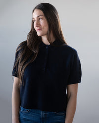 White + Warren Cashmere Button Polo in Deep Navy 