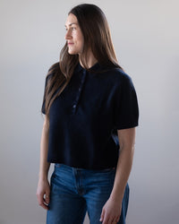 White + Warren Cashmere Button Polo in Deep Navy 