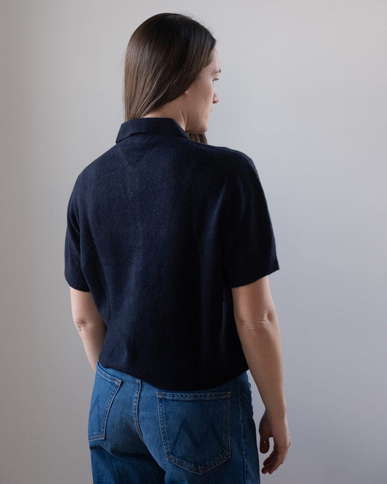White + Warren Cashmere Button Polo in Deep Navy 