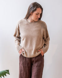 White & Warren Cashmere Saddle Sleeve Crewneck in Taupe Heather 1 - Bliss Boutiques