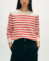 White + Warren Cashmere Striped Crew in Soft White/Desert Red 